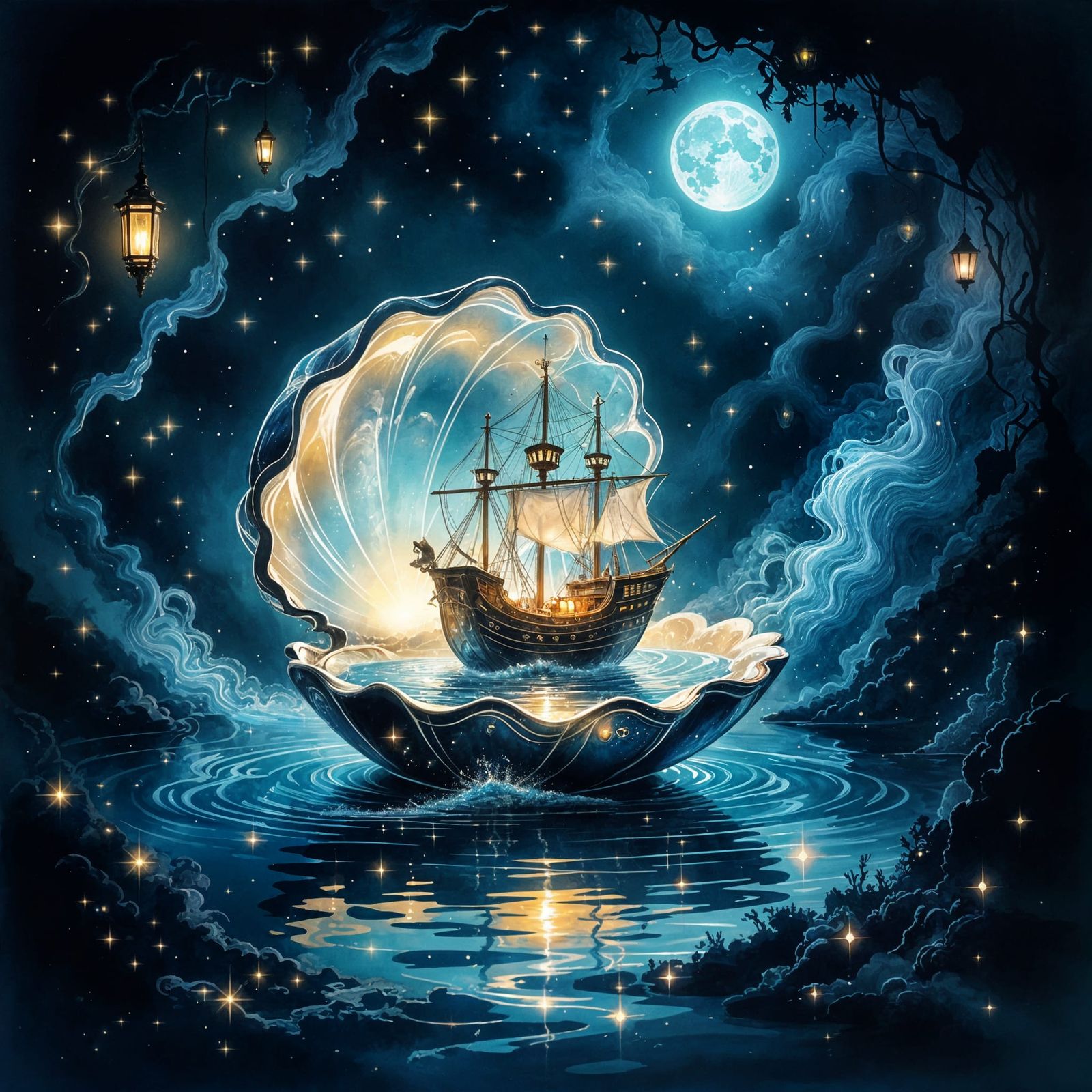 Glass Clamshell Reveals Fantasy Ship in Ink-Wash Style