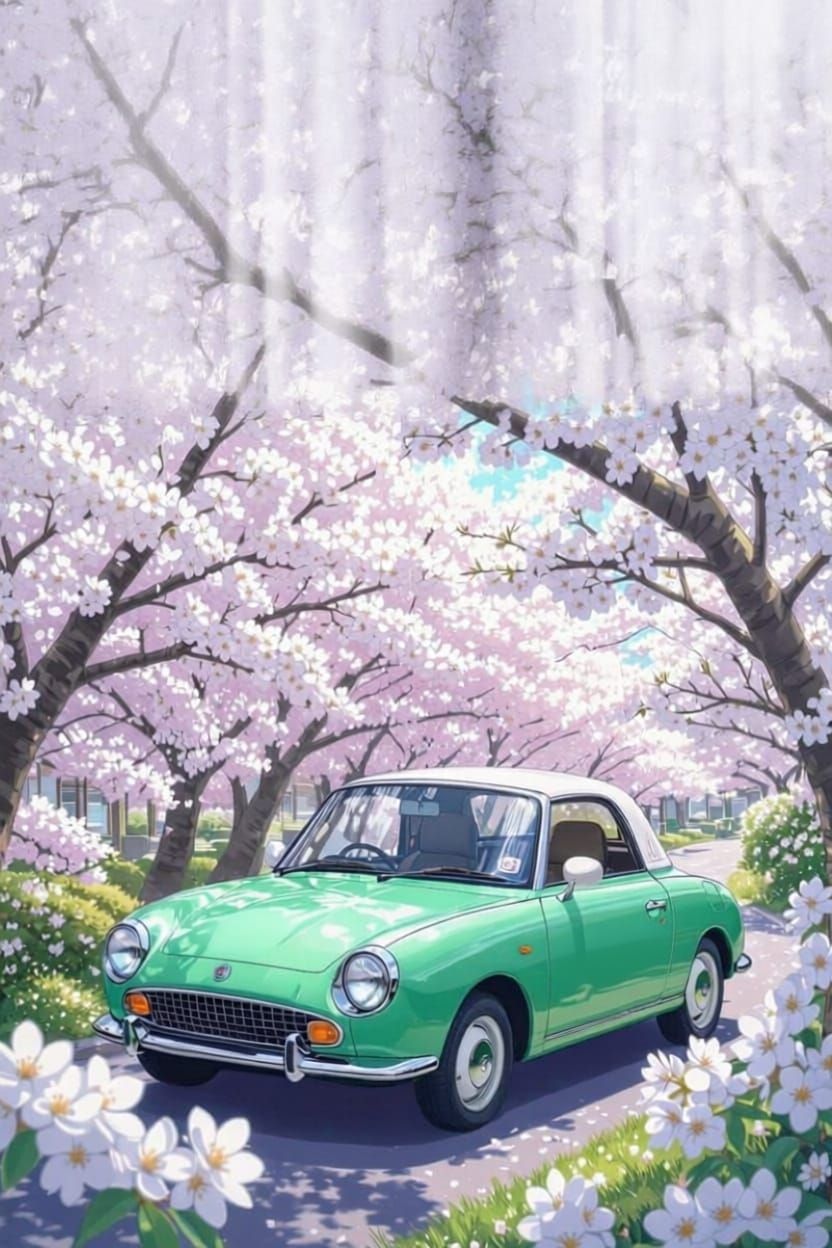 Kawaii Nissan Figaro Advertisement Poster in Emerald Green