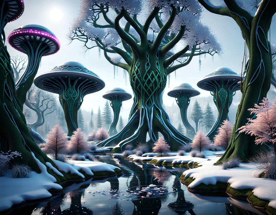 Futuristic Winter Celtic Alien Forest with Alien Life