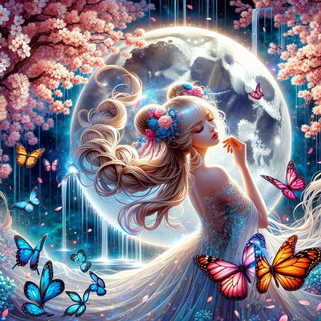 (portrait) The image is of a Full Moon surrounded by butterf...