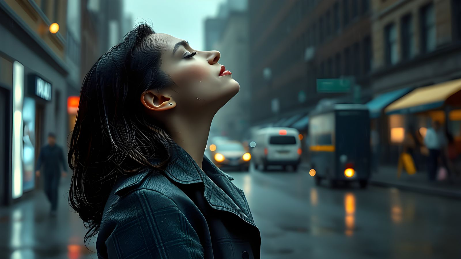 Hyperrealistic Rainy Night Face in High Definition