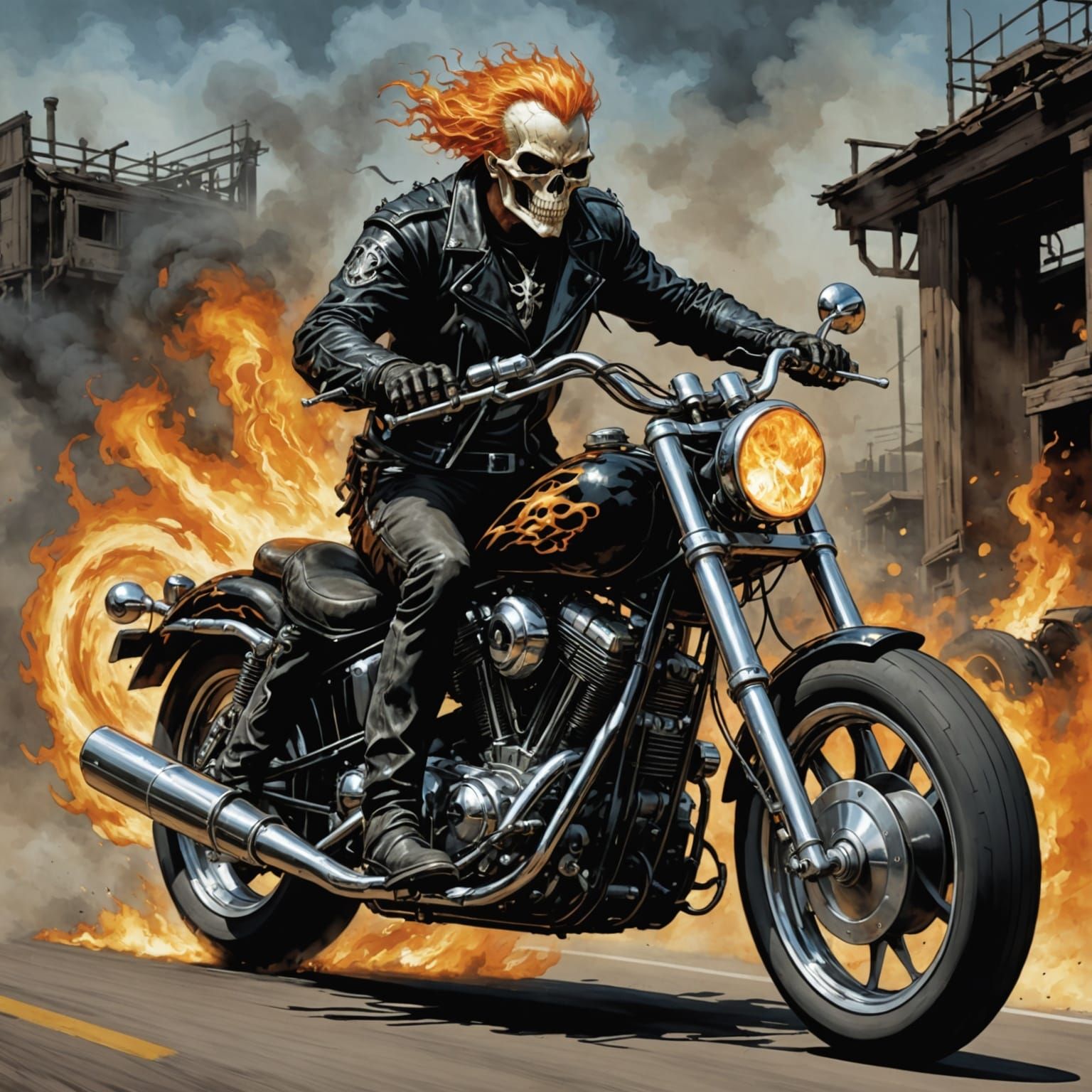 Ghost Rider on Motorcycle in Comic Book Style