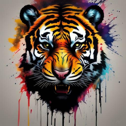 Vibrant Spray Painted Tiger in Hyperrealistic Style