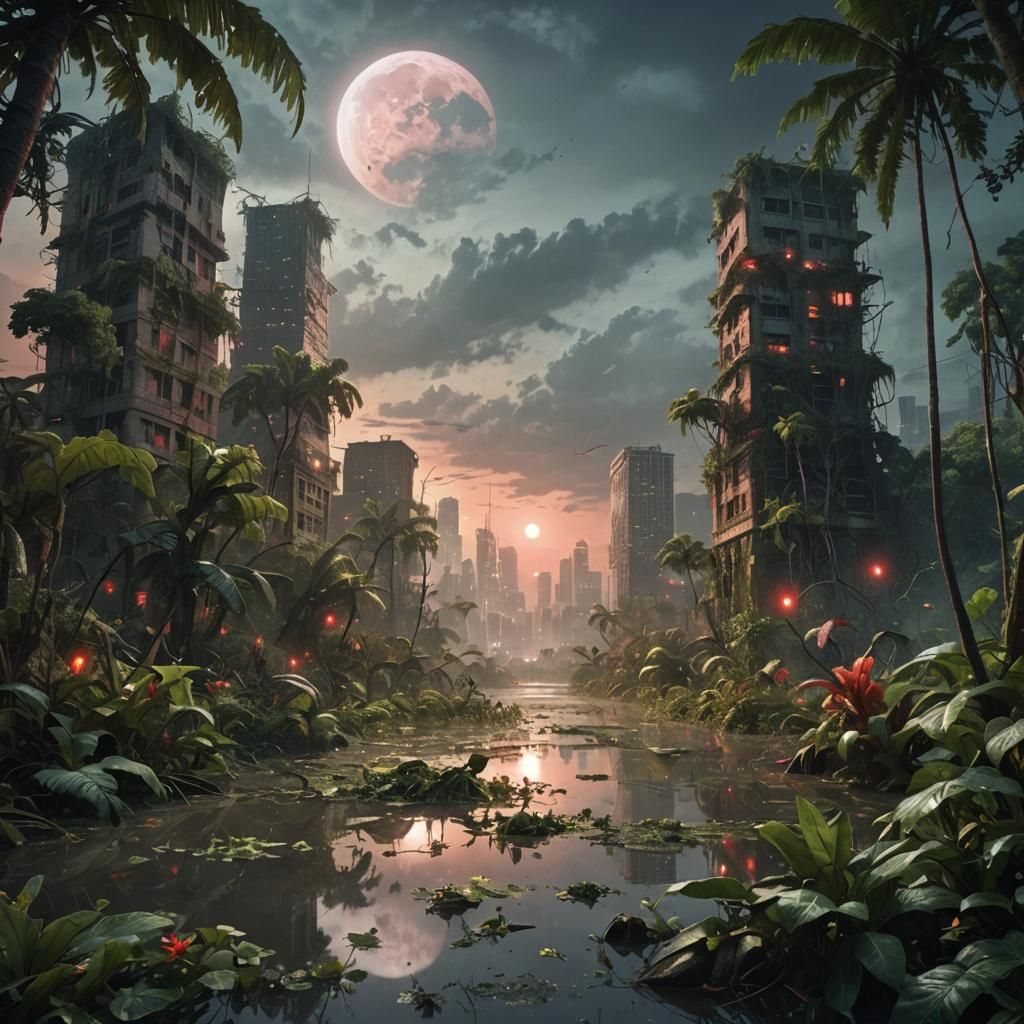 Jungle Overgrowth in Abandoned City with Red Moonlight