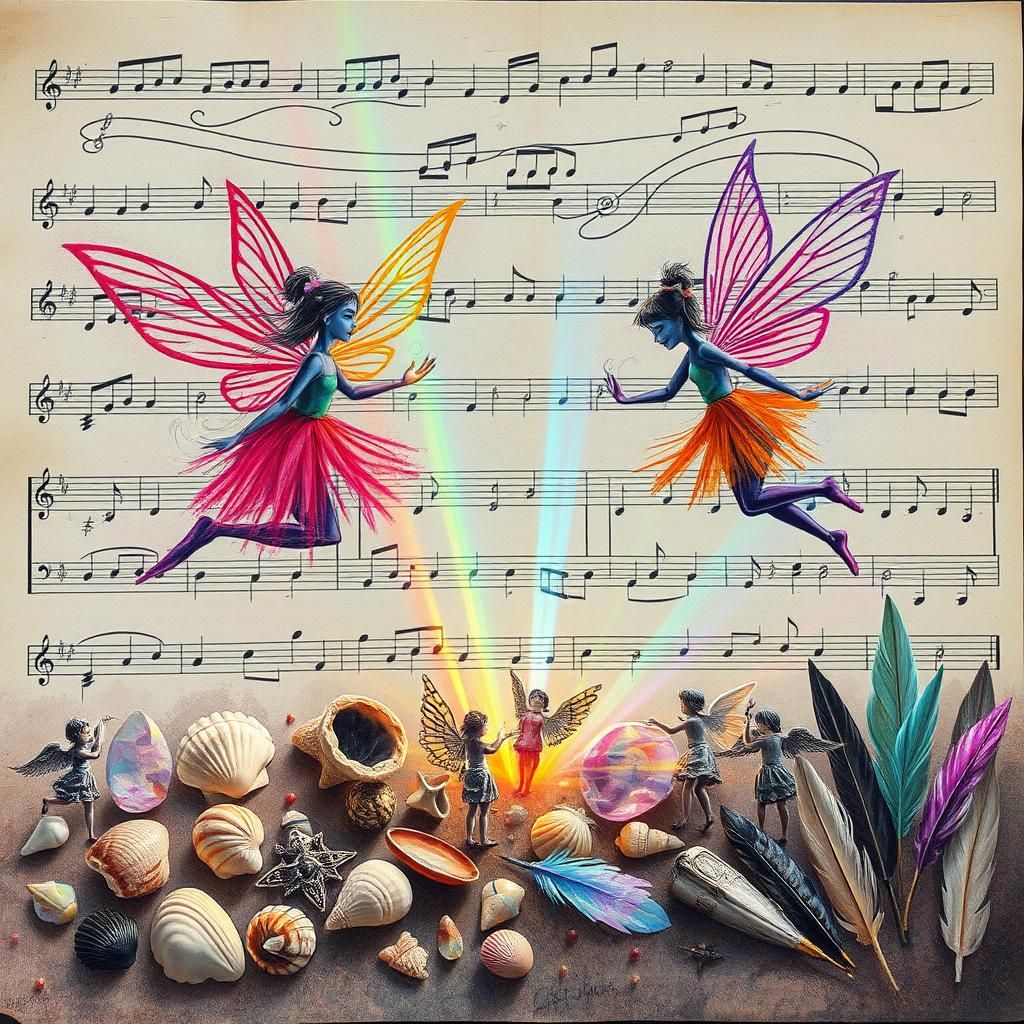 Fairies Dance on Sheet Music in Dreamlike Crayon Art