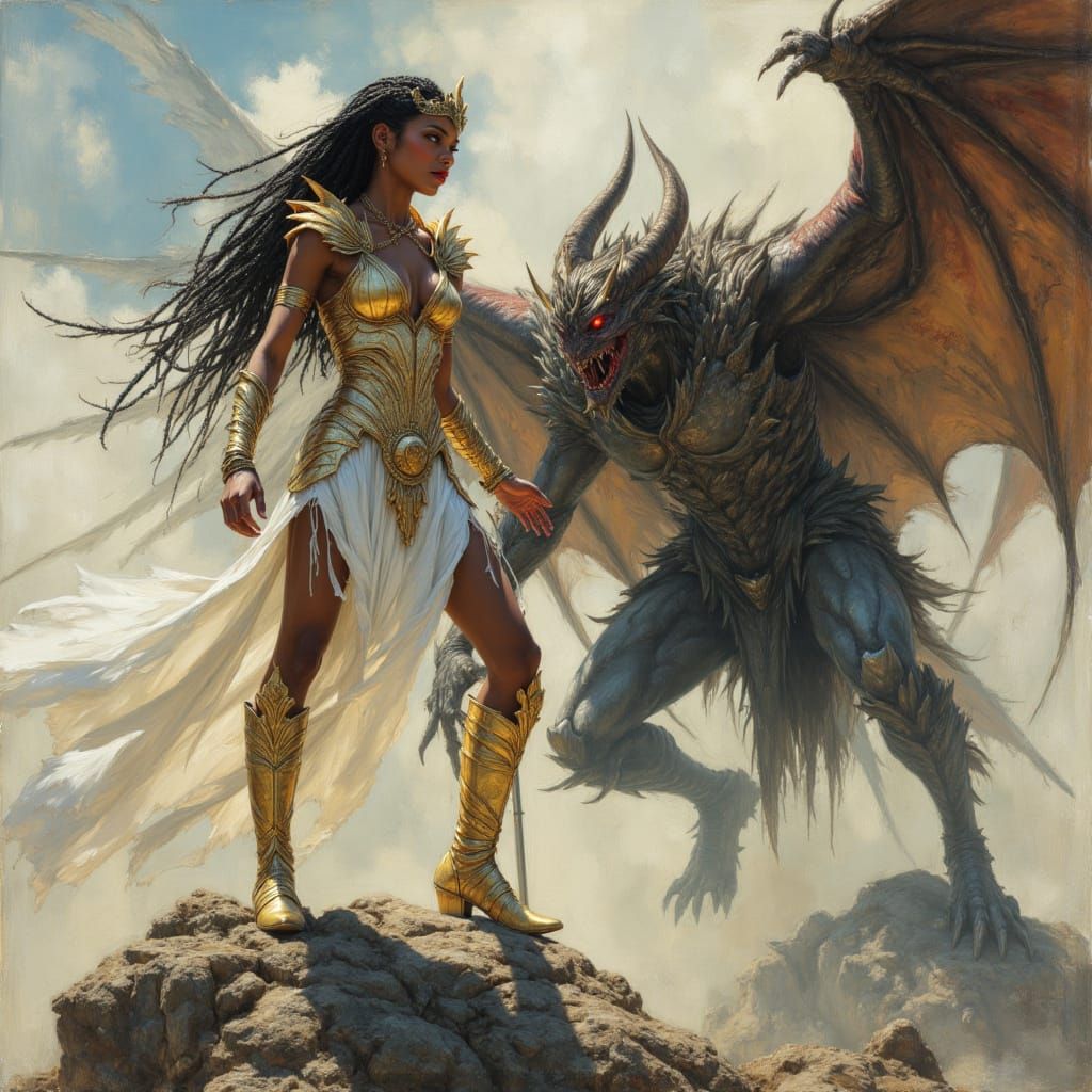 Black Goddess Battles Demon in Futuristic Armor