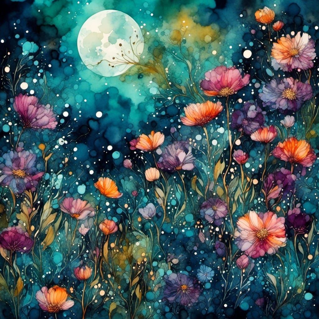 Moonlit Garden in Alcohol Ink Style