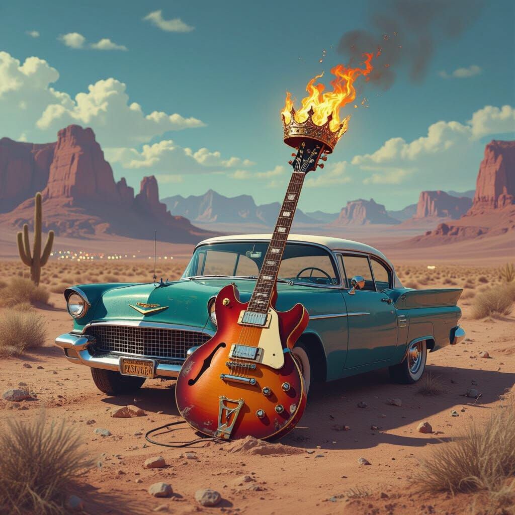 Flaming Crown on Guitar in Desolate Desert Landscape