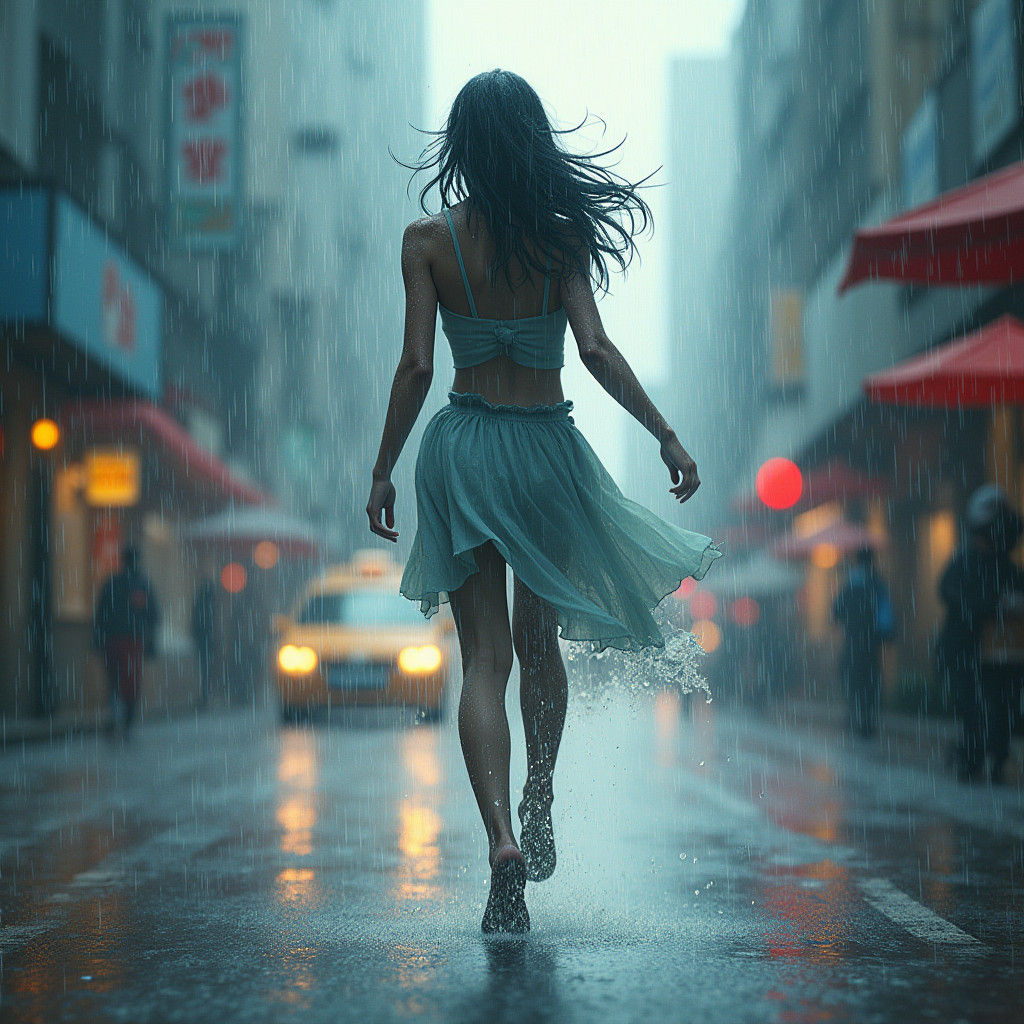 Rain Woman Creates City Downpour: Matte Painting