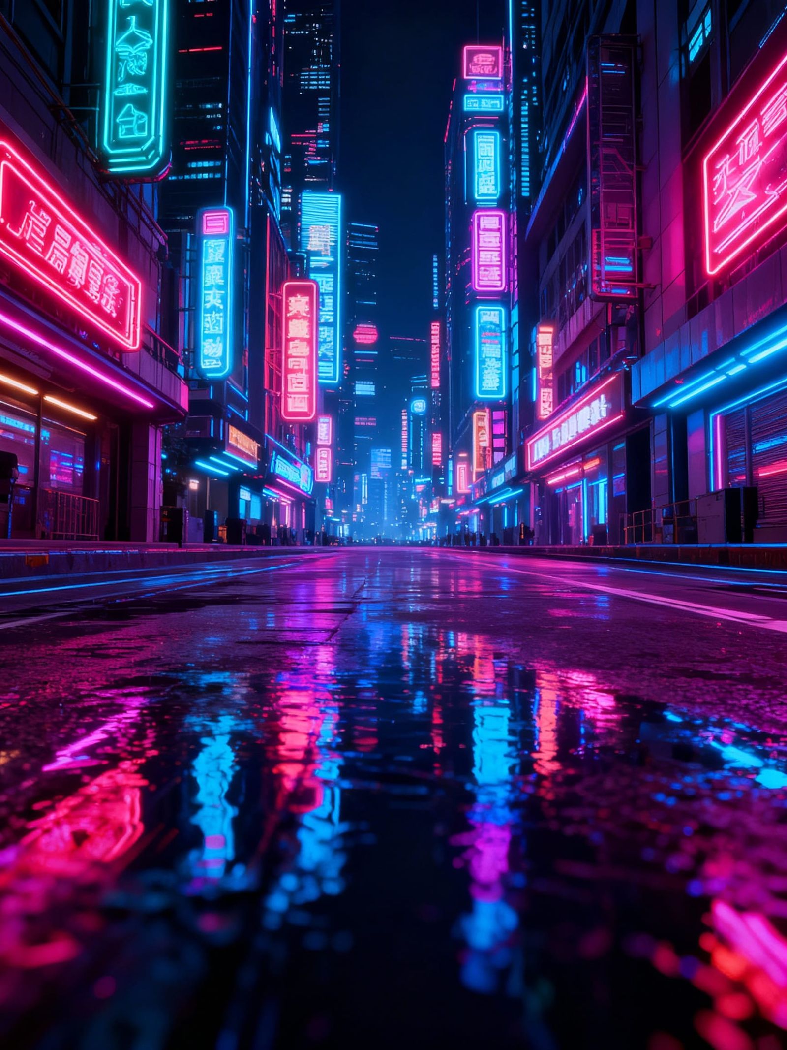 Neon Cityscape Reflections on Wet Pavement