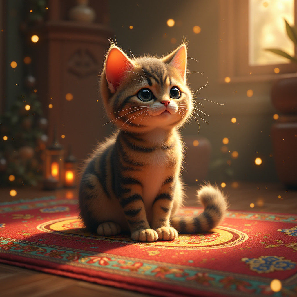Whimsical Cat on Ornate Rug in Fantasy Art
