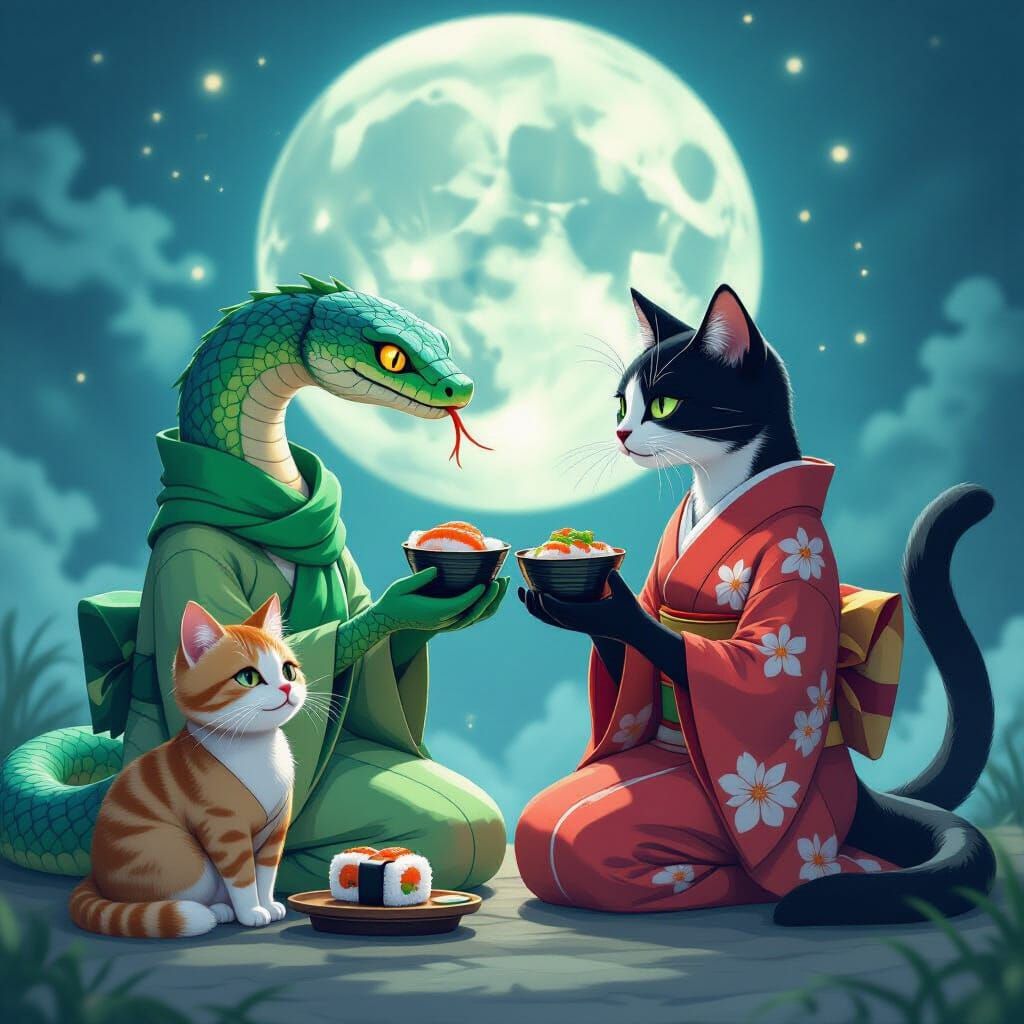 Serpents and Cats Enjoying Sushi in Mystic Moonlight