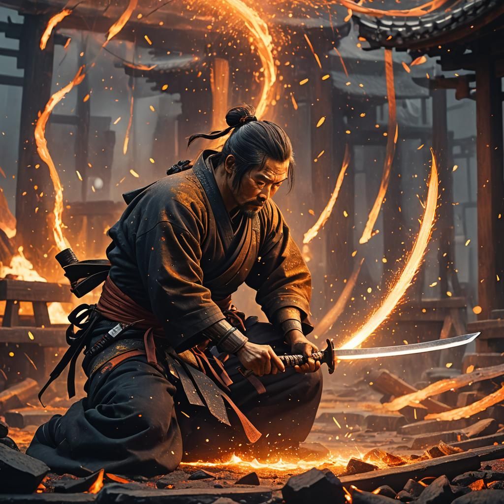 Swordsmith Forging Katana in Firelight: A Digital Painting
