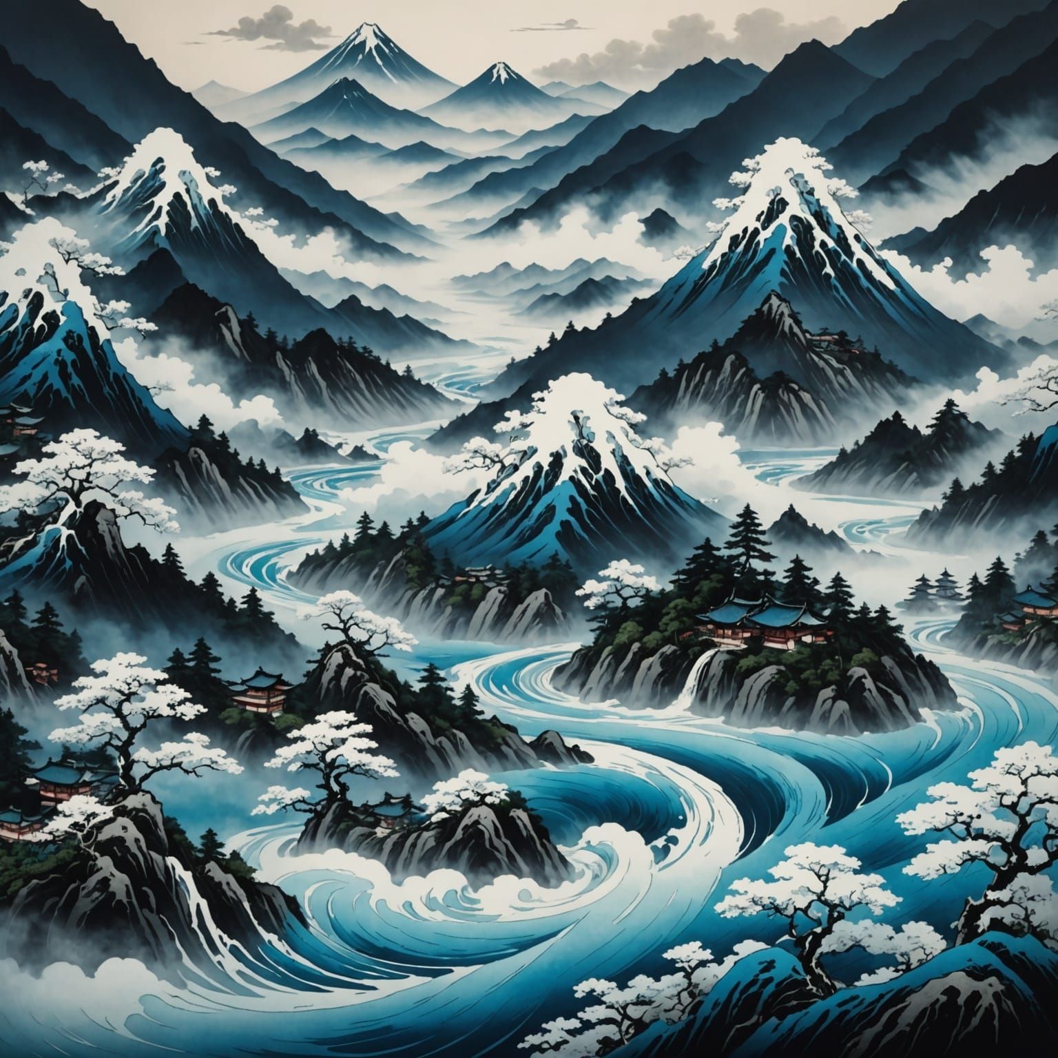 Edo-Style Water Landscape with Ink Mountains