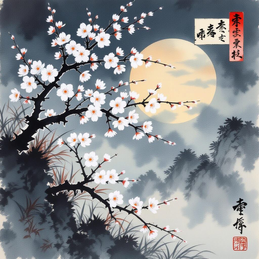 White Plum Blossoms at Dawn: Japanese Inksplash Art