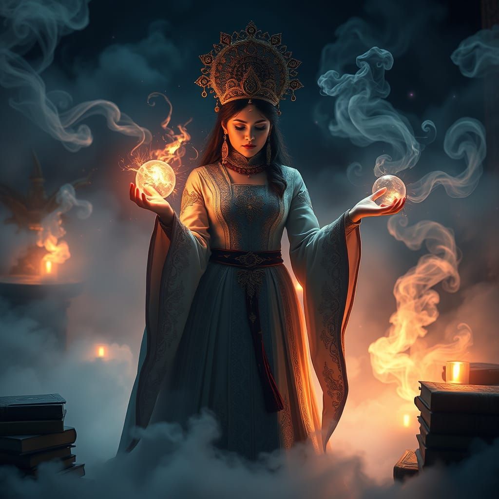 Enchanted Sorceress Performs Mystical Ritual in Ethereal Cha...