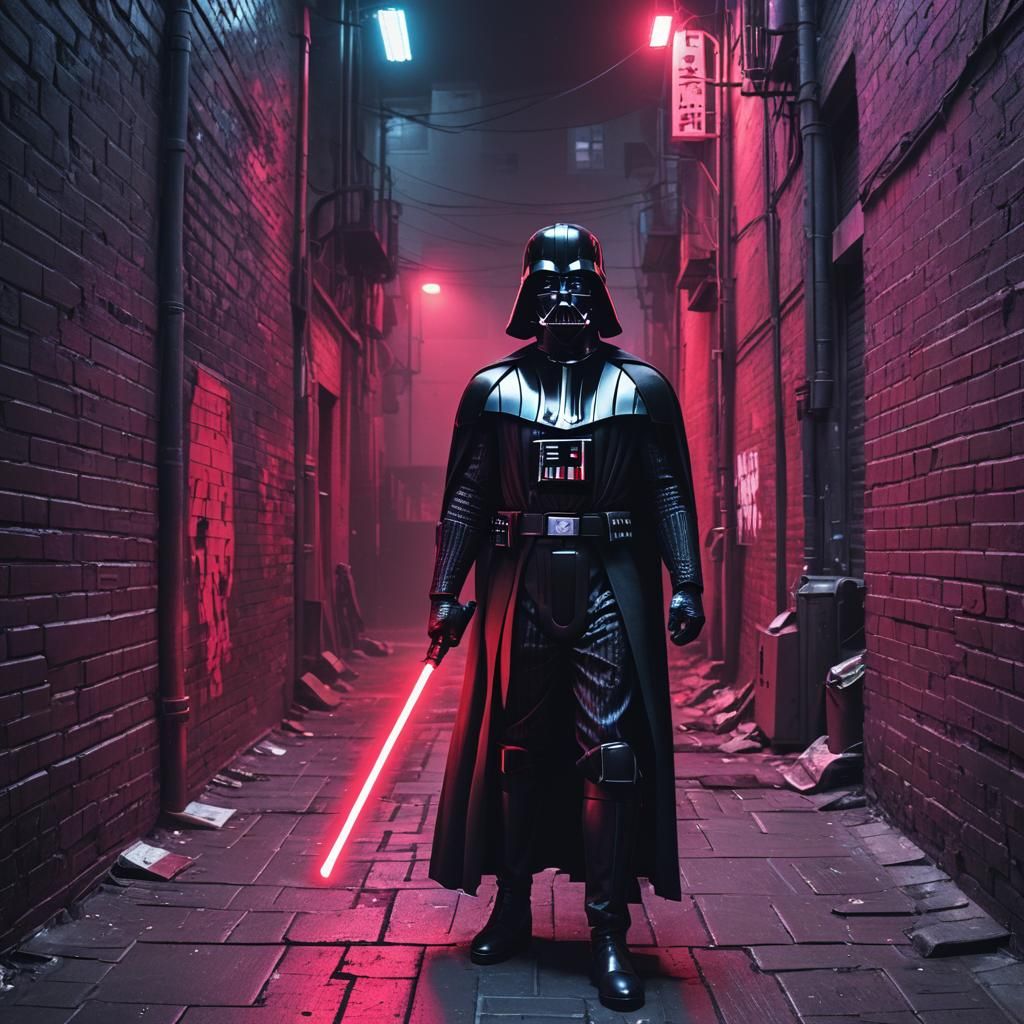 Darth Vader in Neon-lit Cyberpunk Alleyway