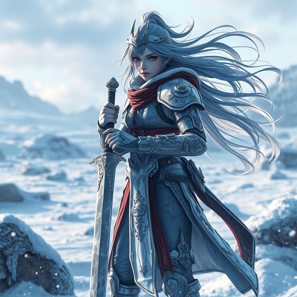 Ethereal Ice Warrior Stands Ready in Frozen Tundra