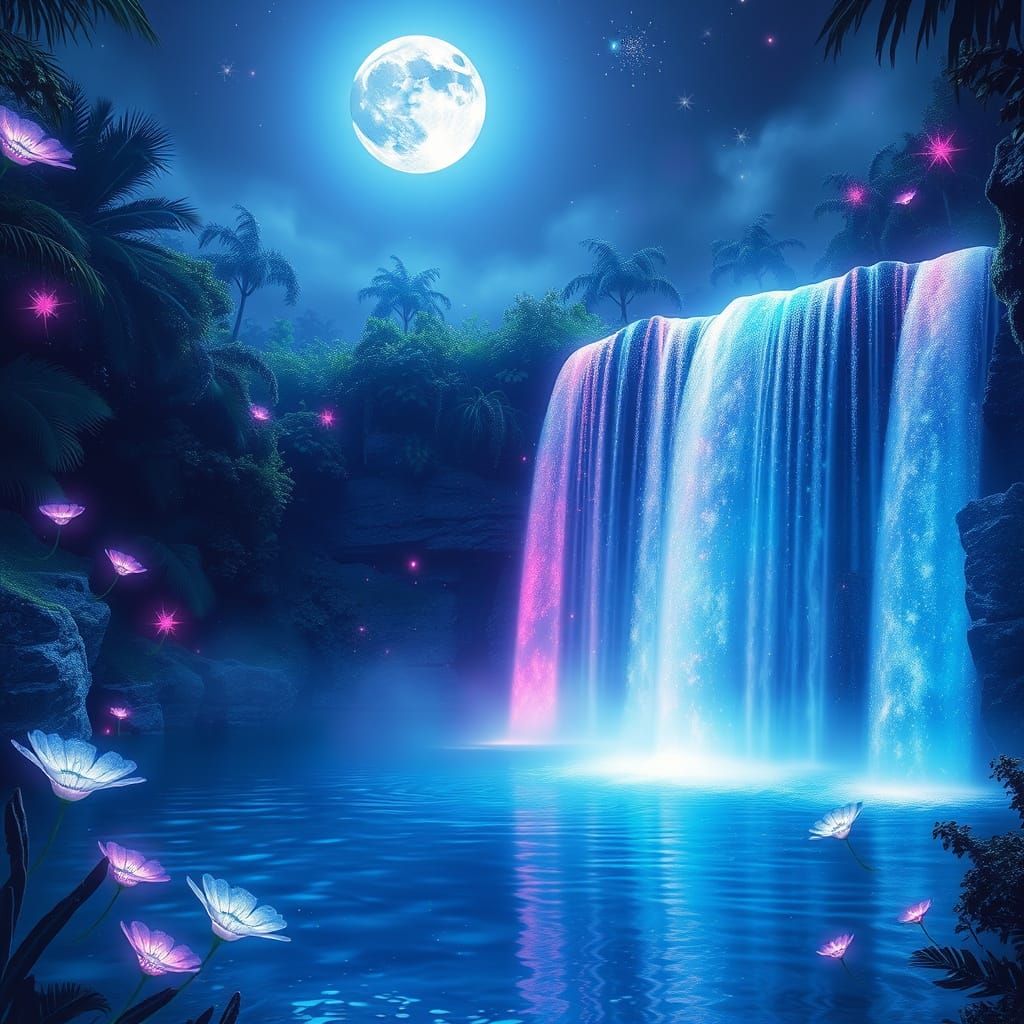 Moonlit Dreamscapes - Luminous Waterfall in Vibrant Hues