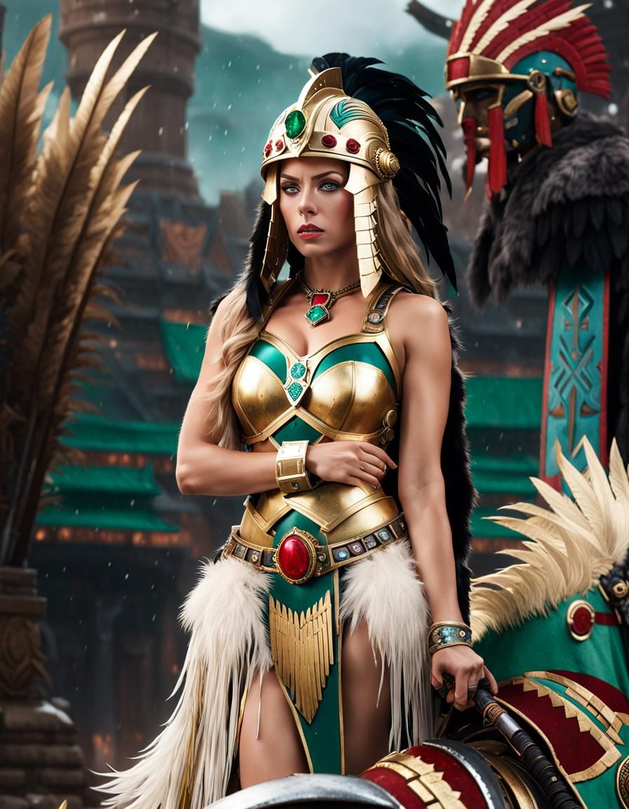 Space Marine Woman with Aztec Headdress in Cyberpunk Style