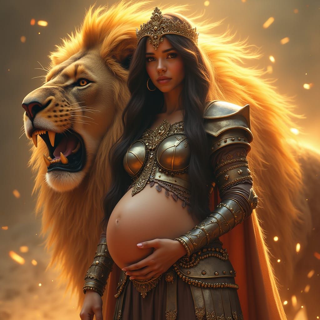 Regal Pregnant Warrior Princess in Golden Light