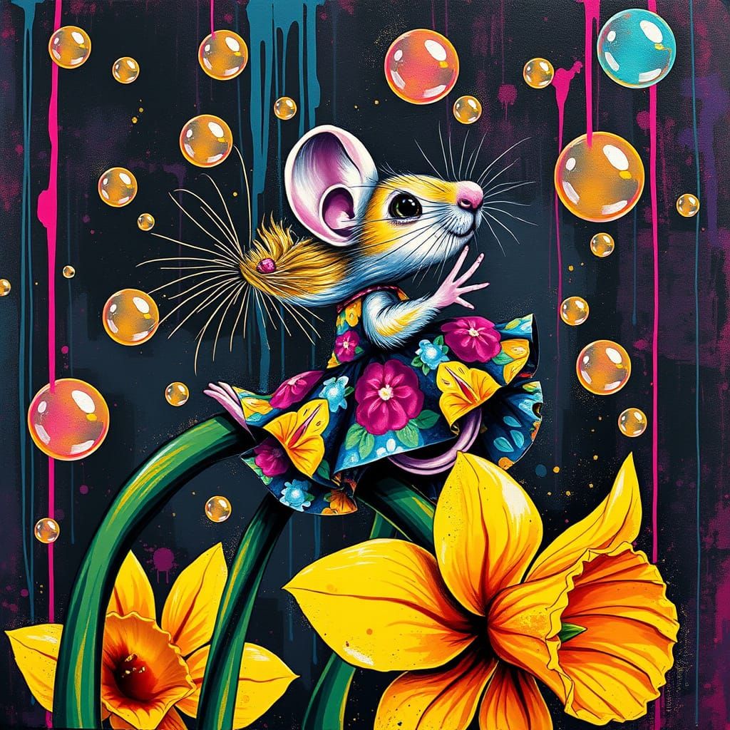 Mouse Sliding on Daffodil in Graffiti Art Style