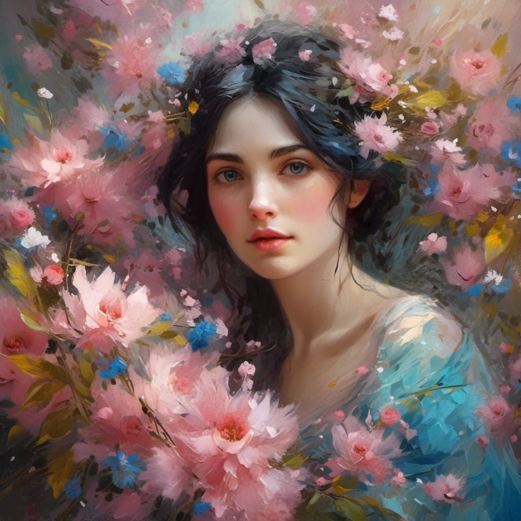 Impressionistic Portrait of Woman with Flowers