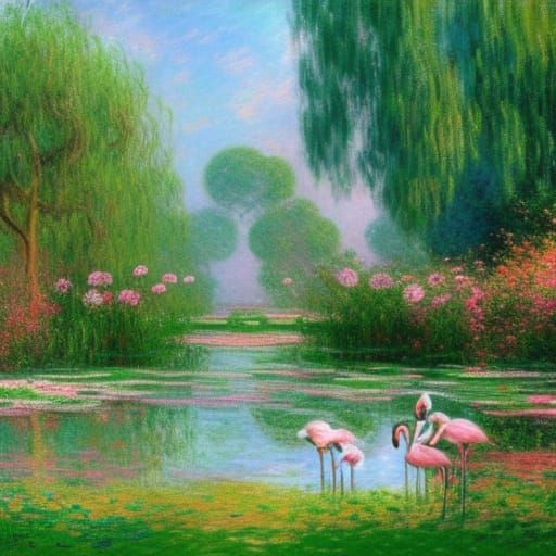 Flamingos in Garden Oil Painting, Impressionist Style