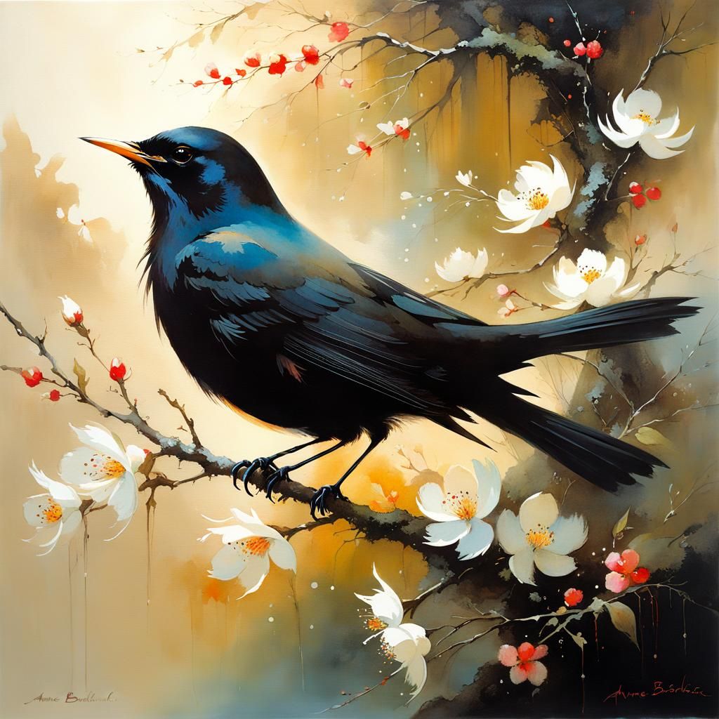 Blackbird in Blossoms: Surreal Beauty