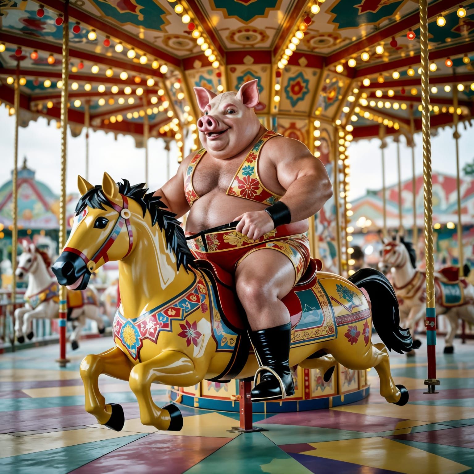 Origami Carousel with Pig-Headed Wrestler