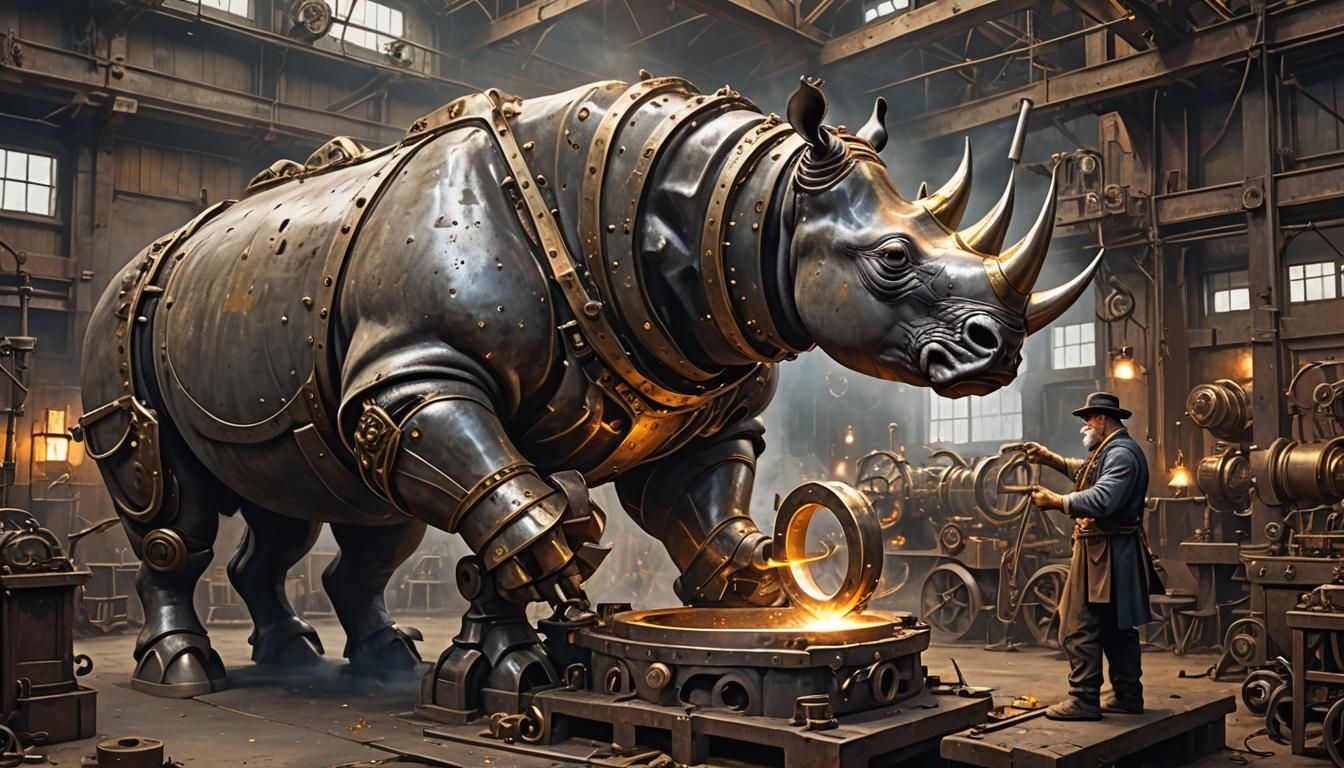 Rhino Blacksmith Forging Golden Ring with Steampunk Engine