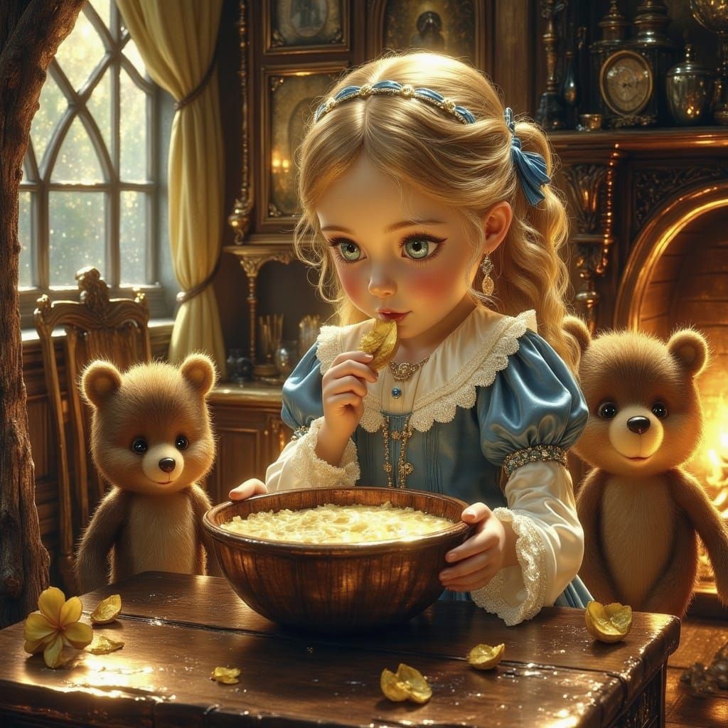 Enchanting Fantasy Scene of Goldilocks in a Cozy Storybook C...