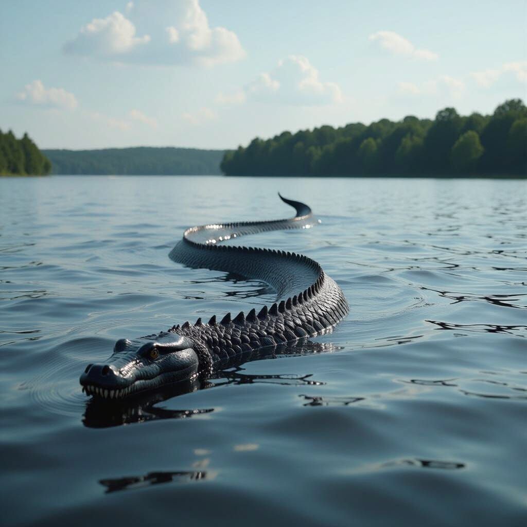 Mysterious Suburban Lake Monster in Hyperrealistic Film Stil...