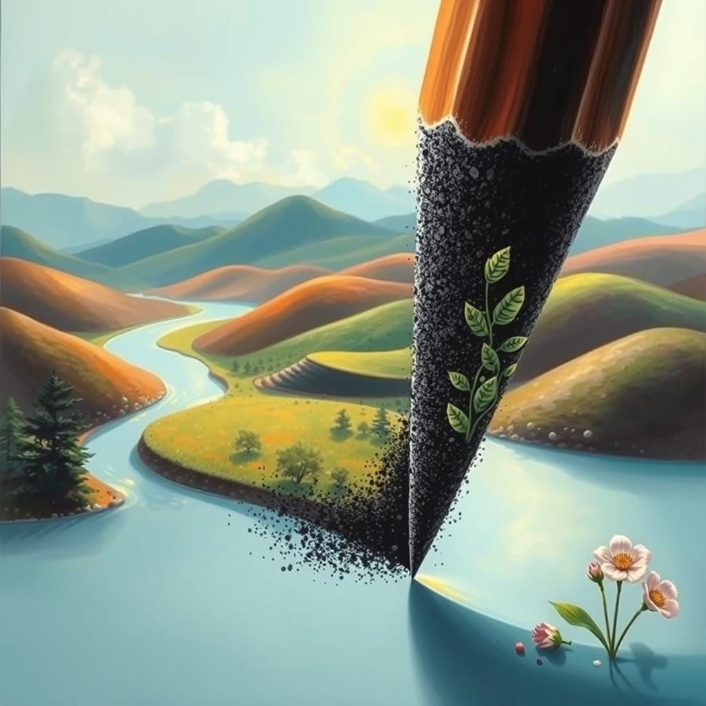 Pencil Transforms Into Living Landscape in Surreal Style