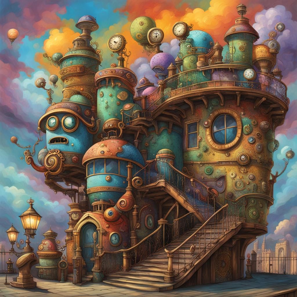Steampunk Monsters on Cloudy Staircase
