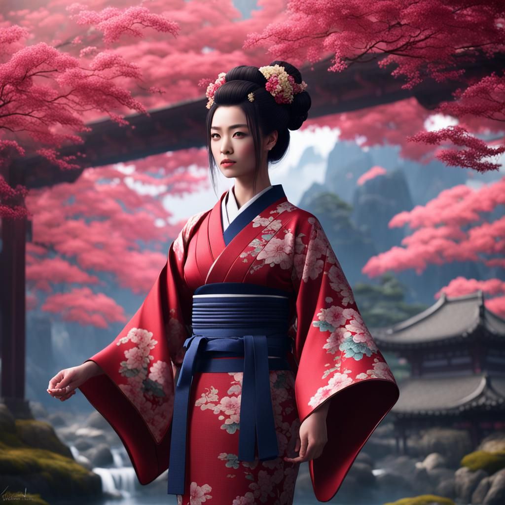 Gorgeous Woman in Kimono: Fantasy Art Concept