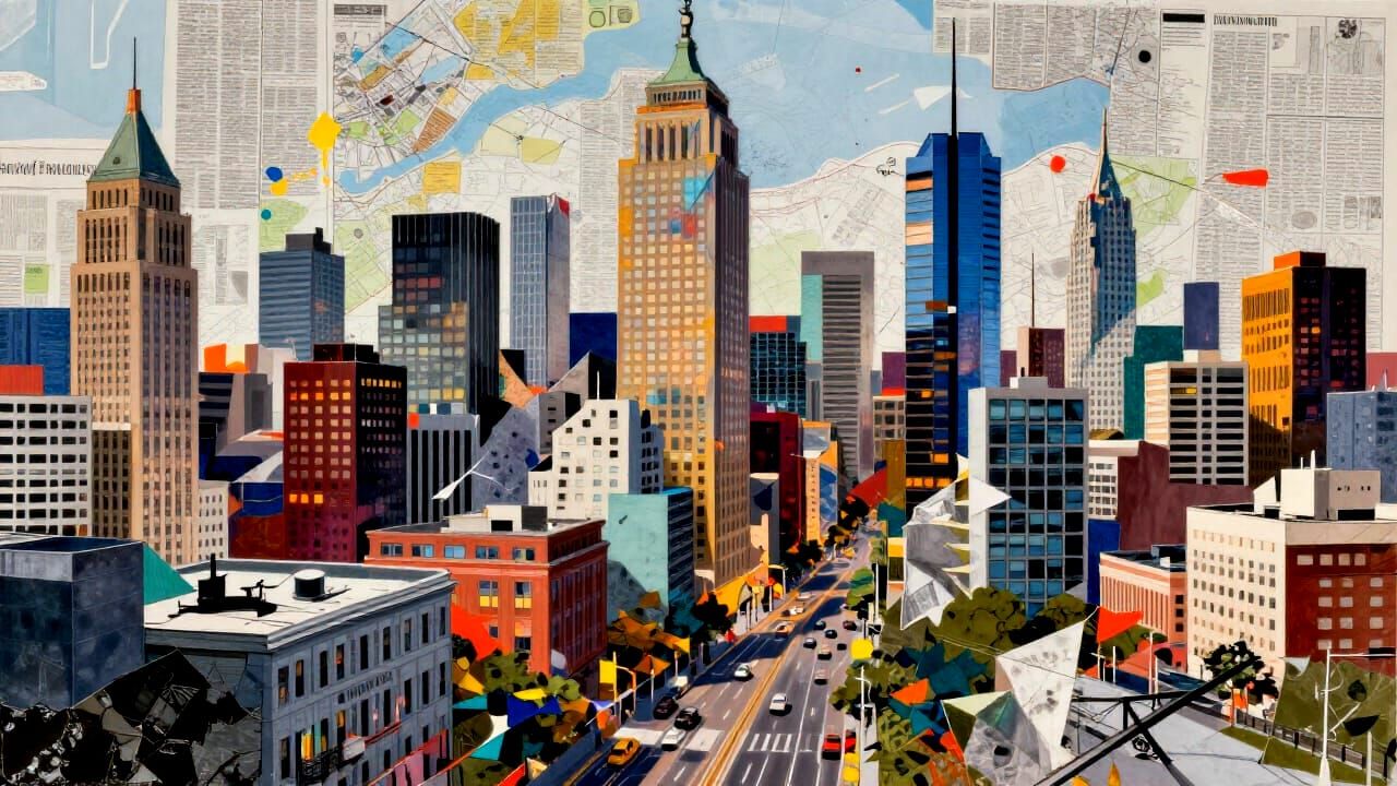 Collage Cityscape: Layered Architectural Fragments and Vibra...