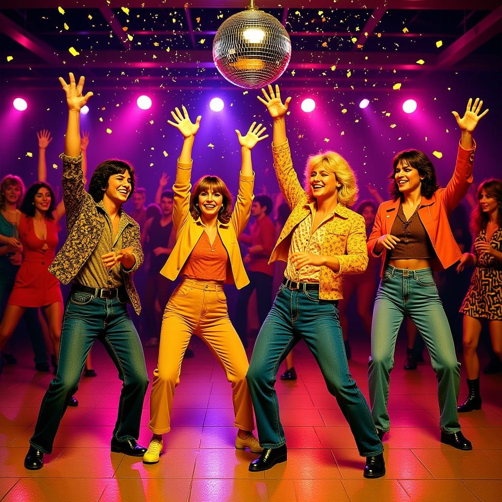 1970s Disco Party Scene with YMCA Poses