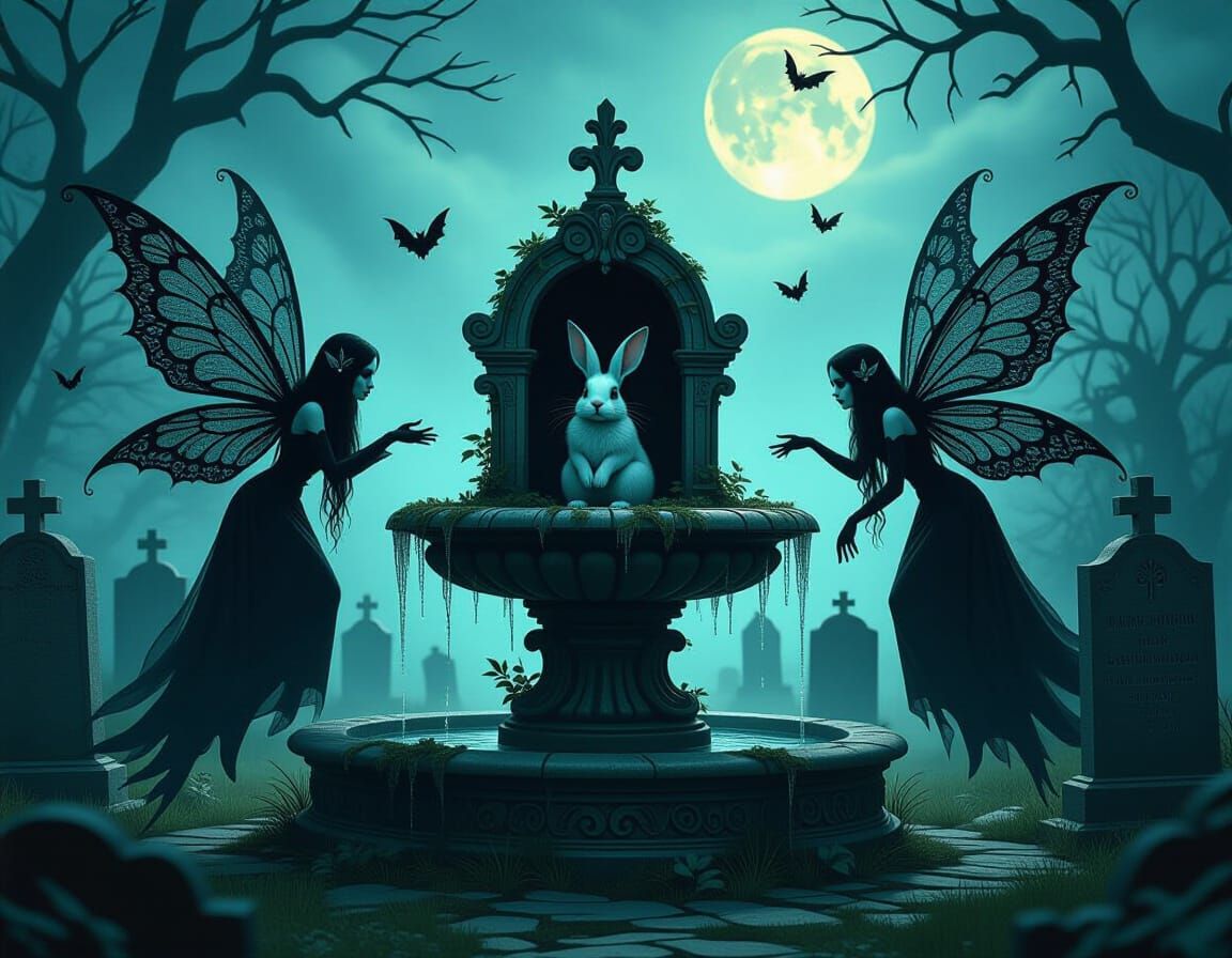 Gothic Fairies Mourn Rabbit at Moonlit Graveyard Fountain
