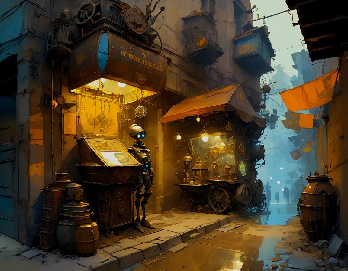 Steampunk Robot Fortune Teller in Watercolor Style