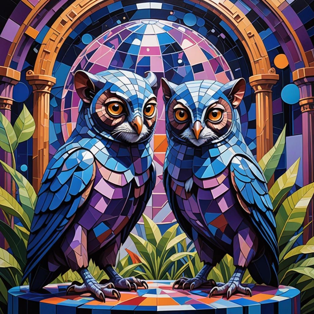 Cubist Tarsiers on Mars Under Bio-Luminescent Flora