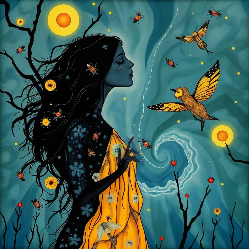 Whimsical Ink and Silk Fantasy Depicts Astral Woman in Dream...