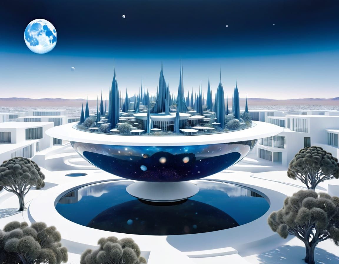 Floating Cosmic Space City in Surreal Harmony with Nature