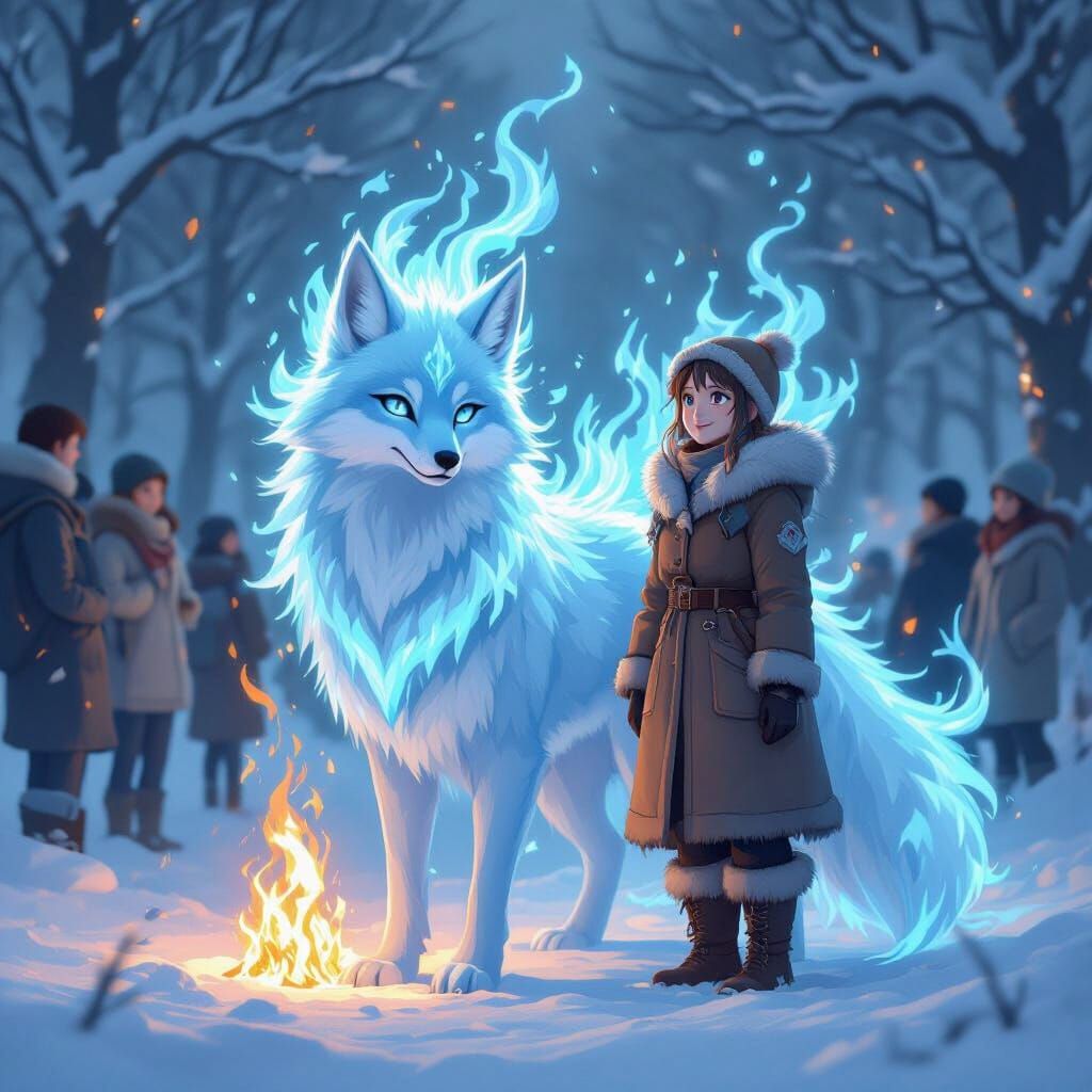 Ice Blue Fire Fox Pet Admired by Owner and Crowd Anime Style