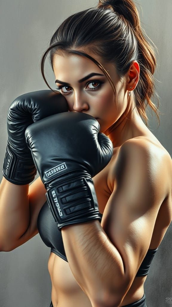 Elegant Boxer Woman in Powerful Stance, Fine Art Portrait wi...