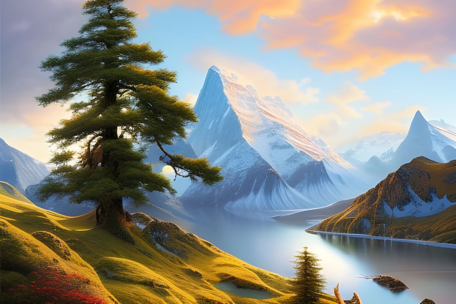 Panorama of Gorgeous Swiss Alps Landscape  with waterfalls, mountains, wildflowers - 4663