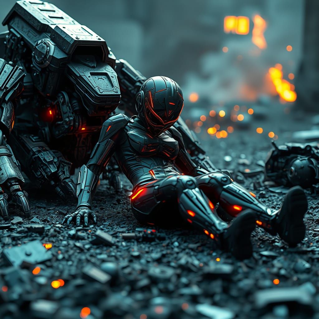 Cyberpunk Warrior in Defeat, Surrounded by Mech Debris