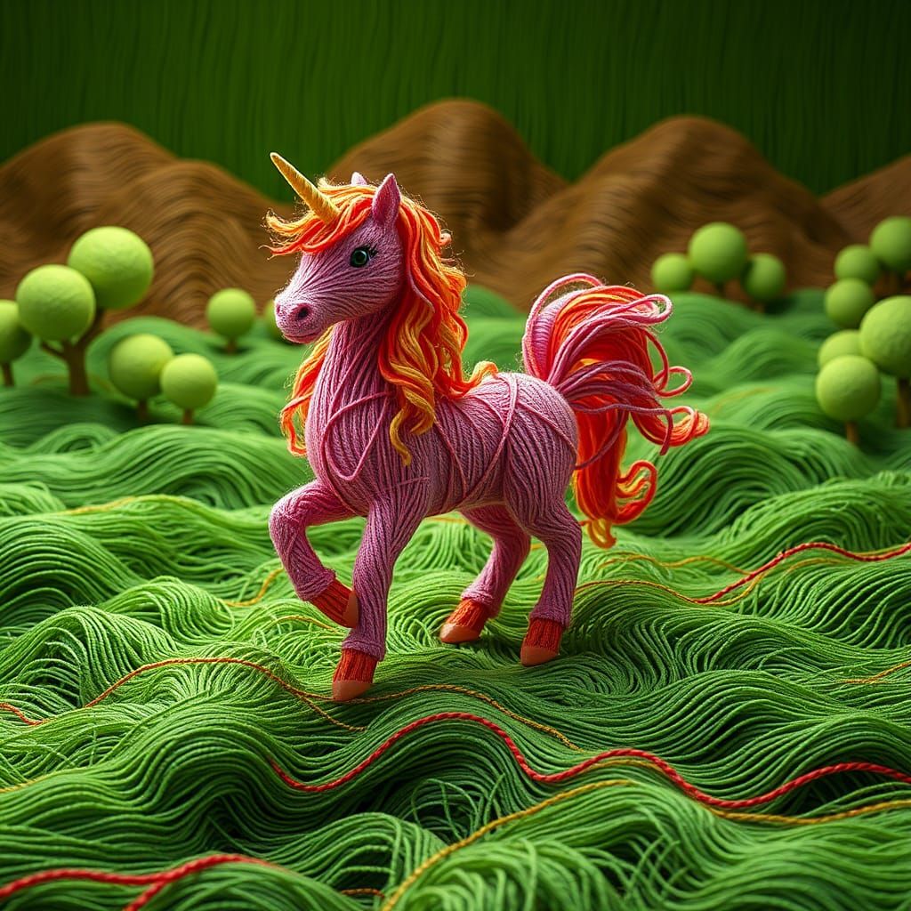 Yarn Unicorn on Wire Grassland: Fantasy Art