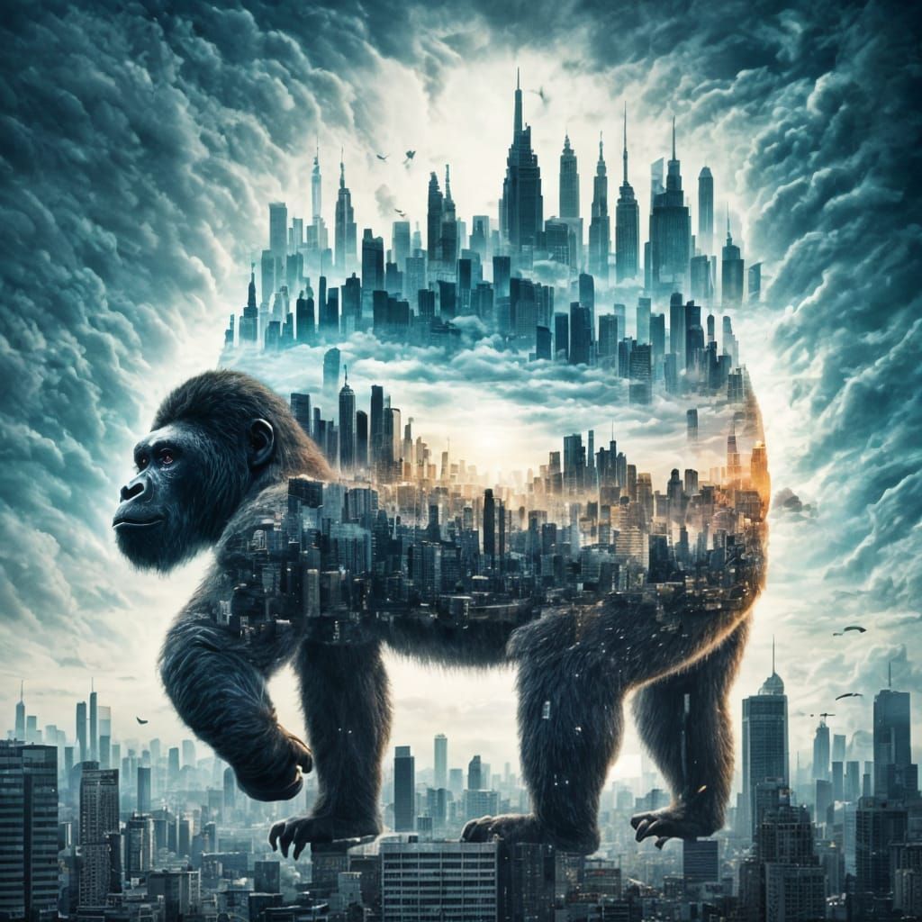 Surreal Double Exposure: Gorilla and Cityscape