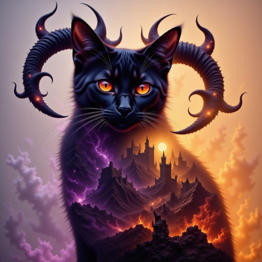 Double Exposure: Cat Lucky Merged with a Demon